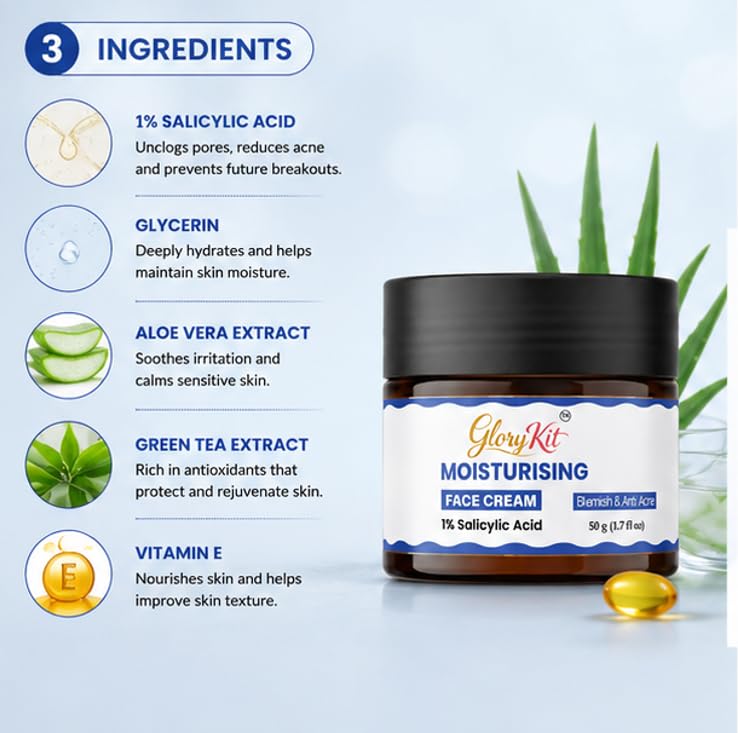 Glory Kit Moisturising Face Cream with 1% Salicylic Acid and Smooth Texture for Everyday Facial Care Routine, Non Sticky Formula, 50 g