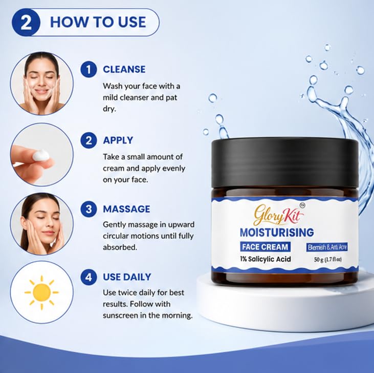 Glory Kit Moisturising Face Cream with 1% Salicylic Acid and Smooth Texture for Everyday Facial Care Routine, Non Sticky Formula, 50 g