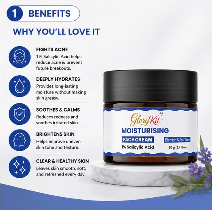 Glory Kit Moisturising Face Cream with 1% Salicylic Acid and Smooth Texture for Everyday Facial Care Routine, Non Sticky Formula, 50 g