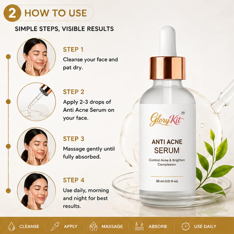 Glory Kit Anti Acne Skin Care Serum with Non Greasy Formula for Everyday Facial Care Routine and Comfortable Wear, 30 ml