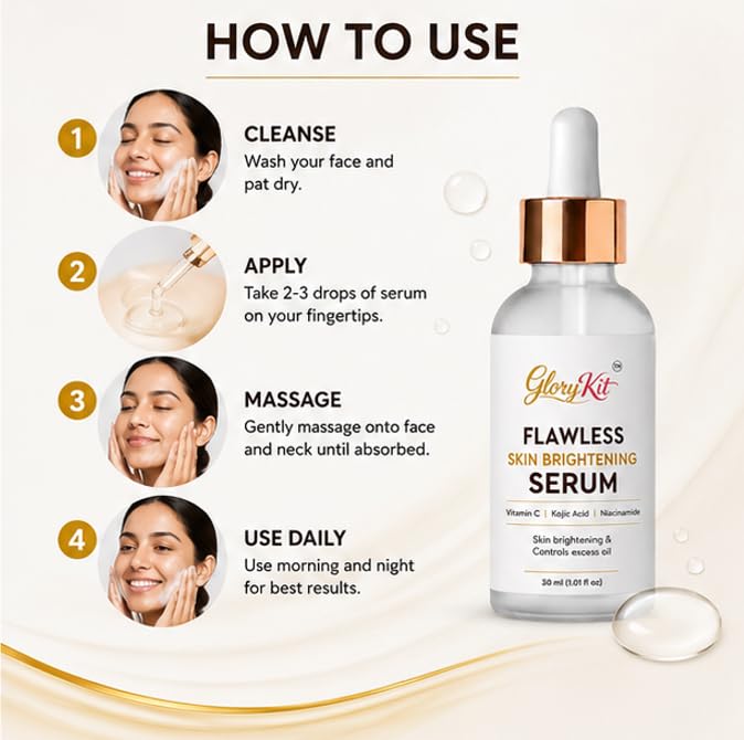 GloryKit Flawless Skin Brightening Serum with Vitamin C, Kojic Acid & Niacinamide | Dark Spot Corrector & Radiance Booster | 30ml