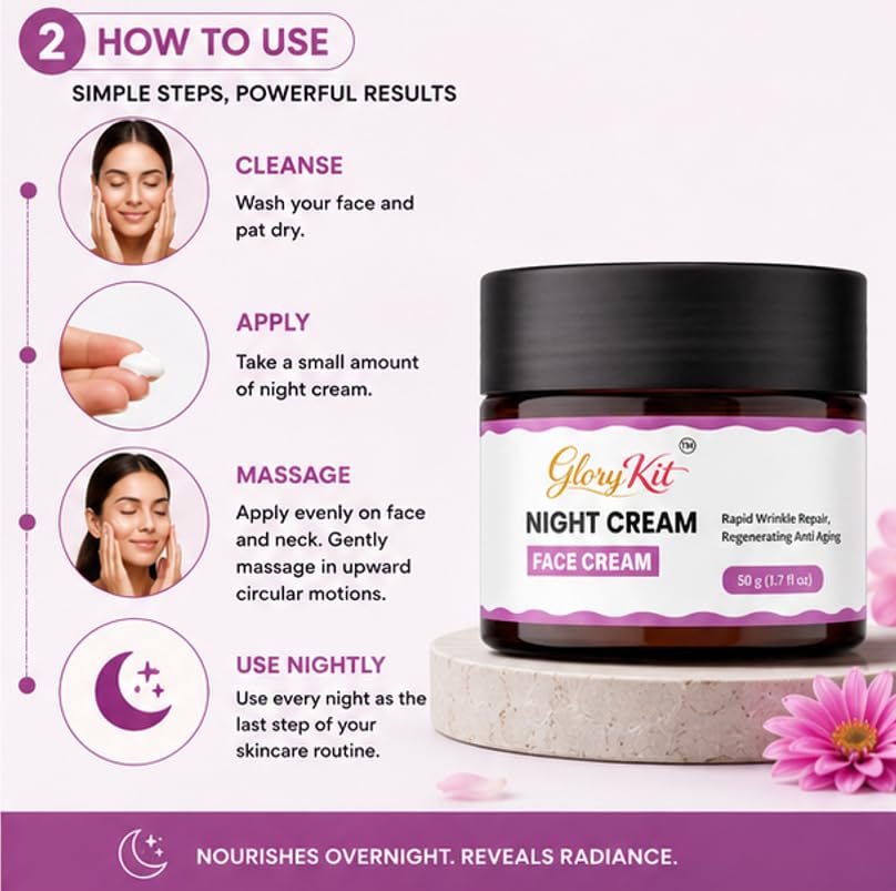 Glory Kit Night Face Cream with Lightweight Moisturising Formula for Evening Skin Care Routine, Smooth and Non Greasy Facial Cream for Daily Use, 50 g