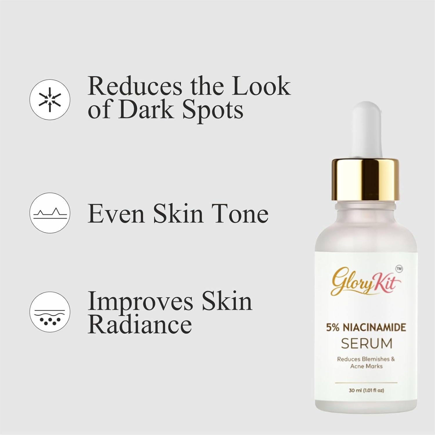 Glory Kit Niacinamide 5% Face Serum for Fresh & Refined Skin Look, Helps Enhance Texture & Radiance, 30 ml