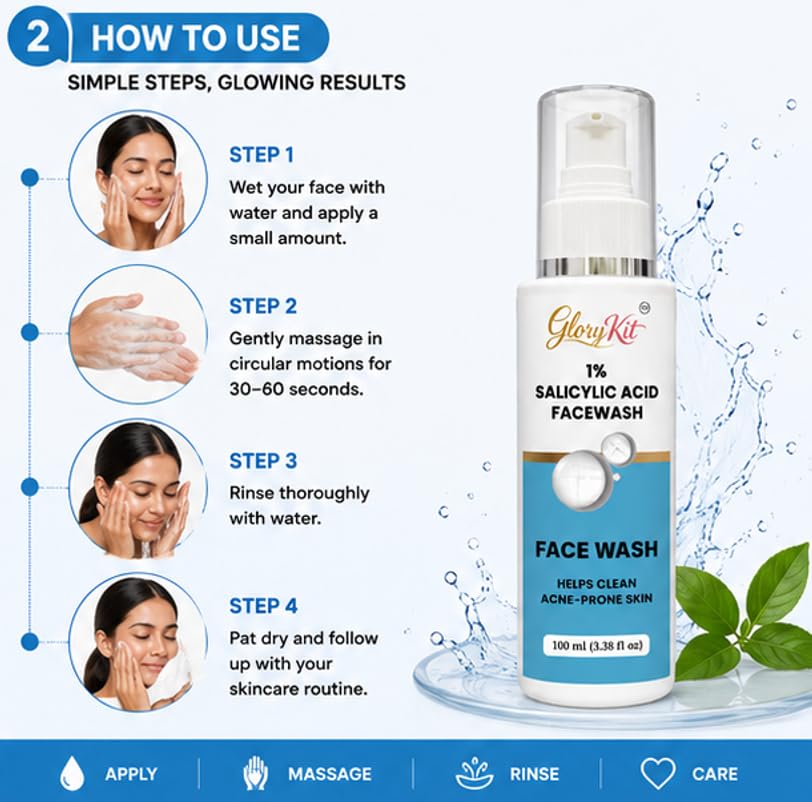 GloryKit 1% Salicylic Acid Face Wash with Brush and Built In Brush for Regular Skin Care Use, 150 ml