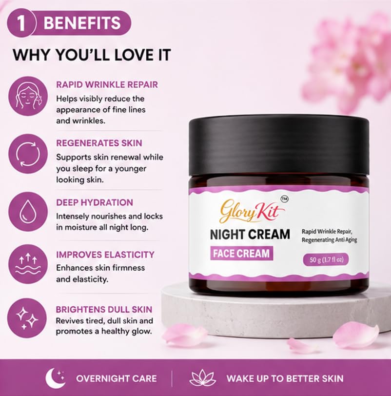 Glory Kit Night Face Cream with Lightweight Moisturising Formula for Evening Skin Care Routine, Smooth and Non Greasy Facial Cream for Daily Use, 50 g