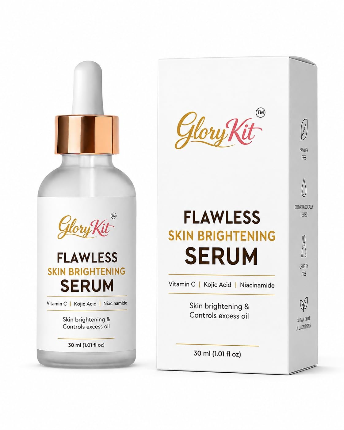 GloryKit Flawless Skin Brightening Serum with Vitamin C, Kojic Acid & Niacinamide | Dark Spot Corrector & Radiance Booster | 30ml