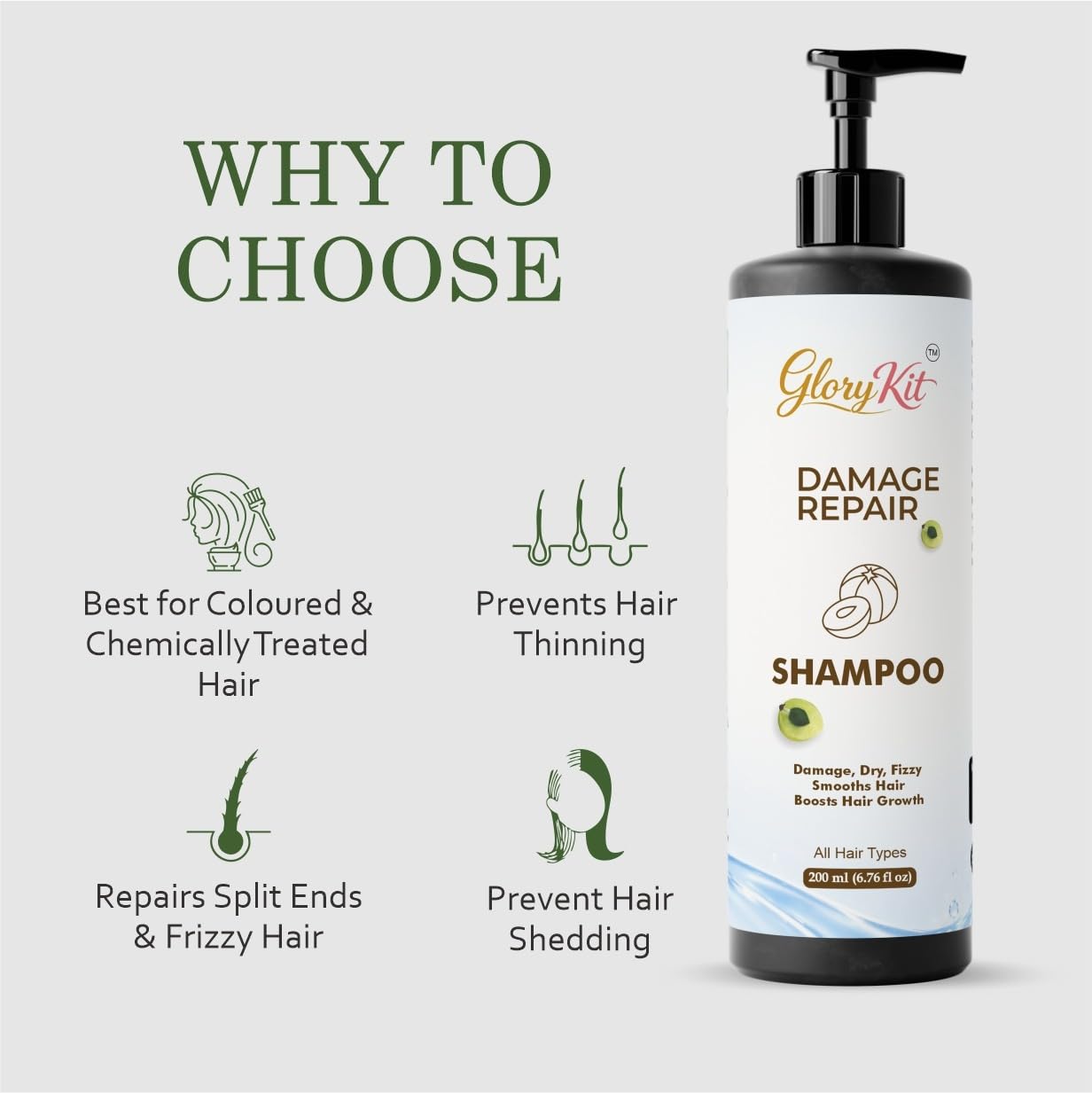 Glory Kit Daily Care Shampoo for Soft & Smooth Hair Feel, Helps Improve Manageability, All Hair Types, 200 ml