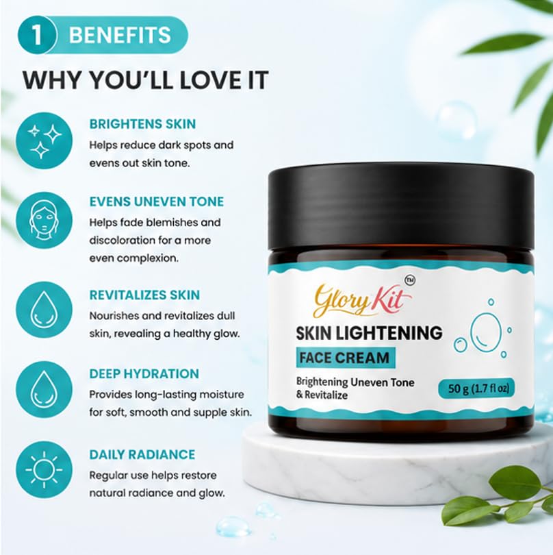 Glory Kit Skin Lightening Face Creamfor Daily Skin Care Routine, Smooth and Fresh Looking Facial Cream for Uneven Looking Skin, 50 g