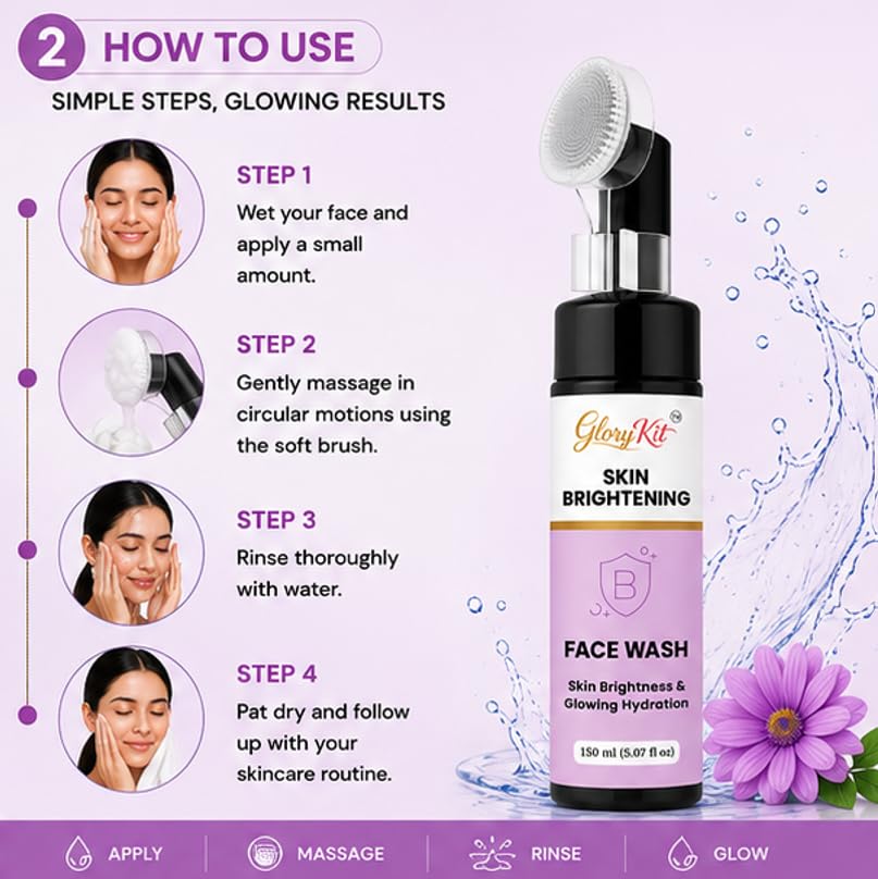 Glory Kit Skin Brightening Face Wash with Applicator for Daily Facial Cleansing and Refreshing Skin Feel, Lightweight Face Cleanser, 150 ml