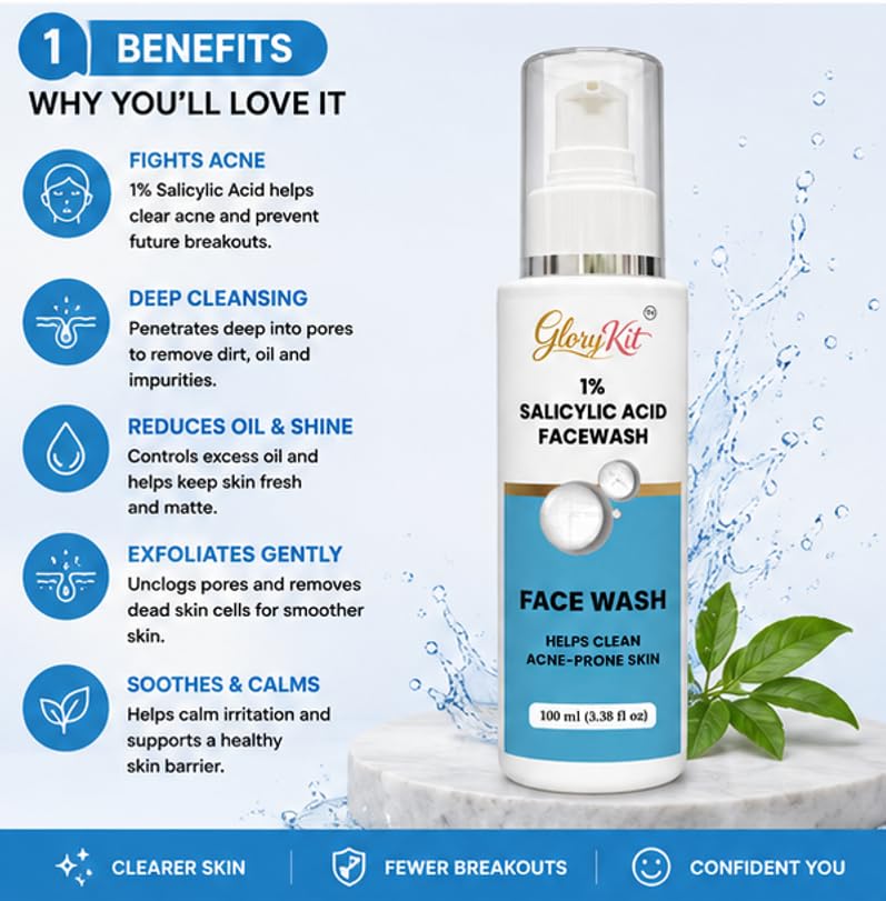 GloryKit 1% Salicylic Acid Face Wash with Brush and Built In Brush for Regular Skin Care Use, 150 ml