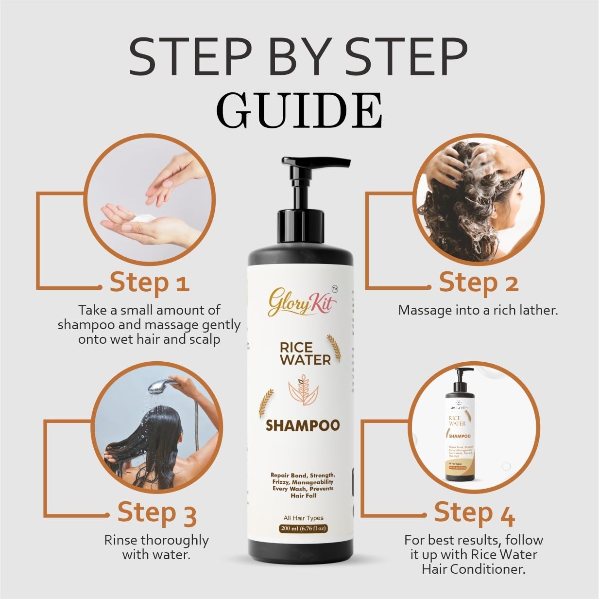 Glory Kit Daily Care Rice Water Shampoo, Supports Softness & Shine, Suitable for All Hair Types, 200 ml