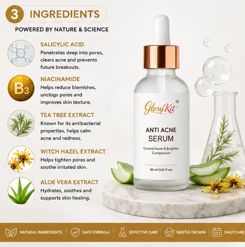 Glory Kit Anti Acne Skin Care Serum with Non Greasy Formula for Everyday Facial Care Routine and Comfortable Wear, 30 ml
