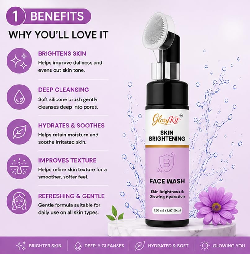 Glory Kit Skin Brightening Face Wash with Applicator for Daily Facial Cleansing and Refreshing Skin Feel, Lightweight Face Cleanser, 150 ml