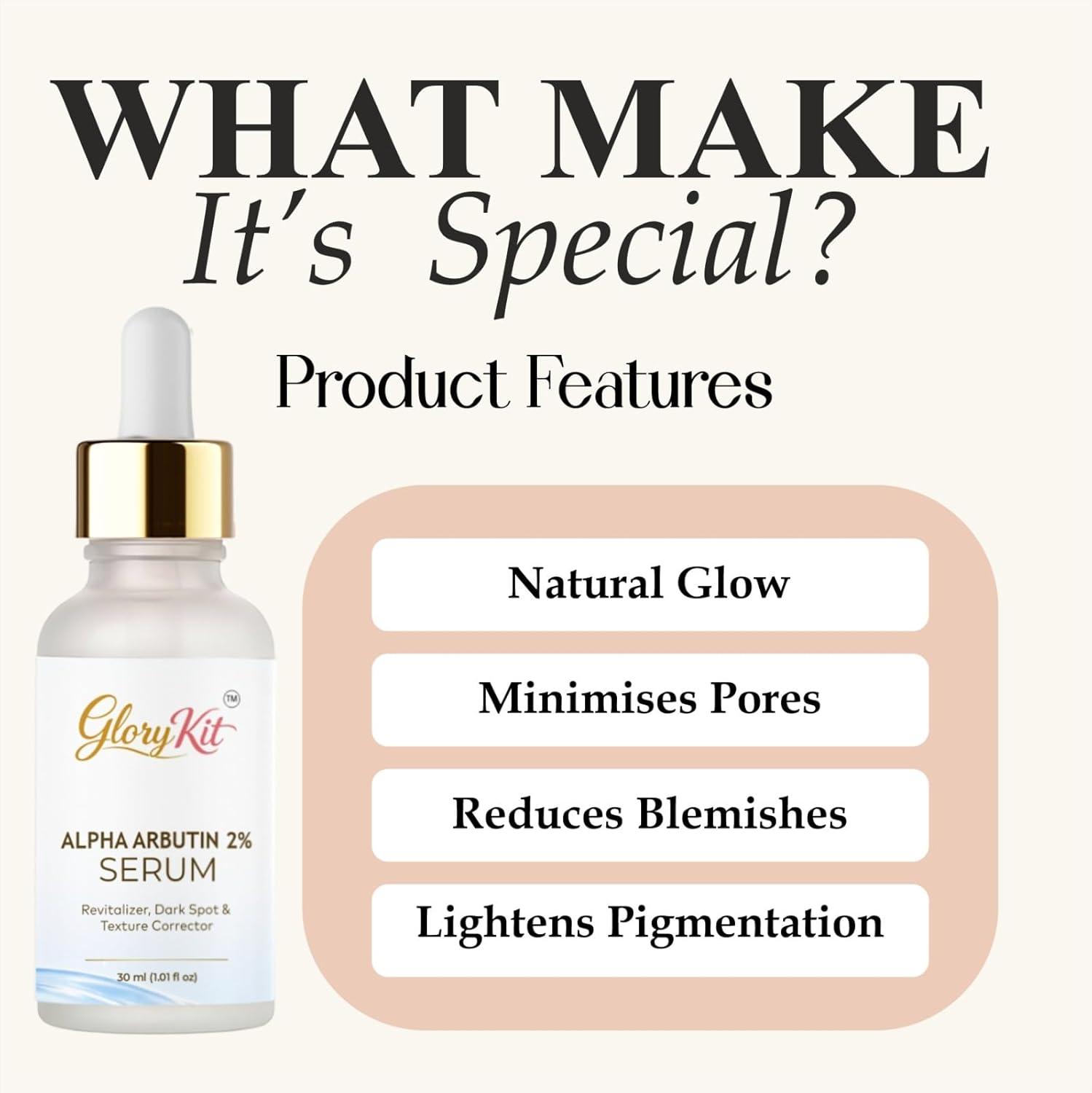 Glory Kit Alpha Arbutin 2% Face Serum for Smooth & Balanced Skin Appearance, Suitable for All Skin Types, 30 ml