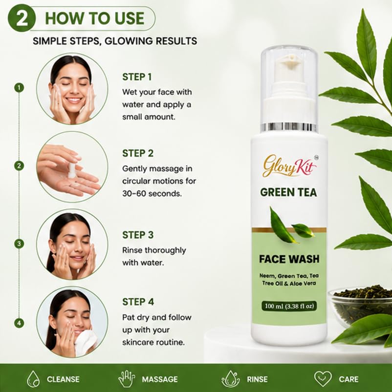Glory Kit Daily Use Green Tea Face Wash with Neem and Tea Tree Oil for Gentle Skin Cleansing and Fresh Feeling Skin, 100 ml