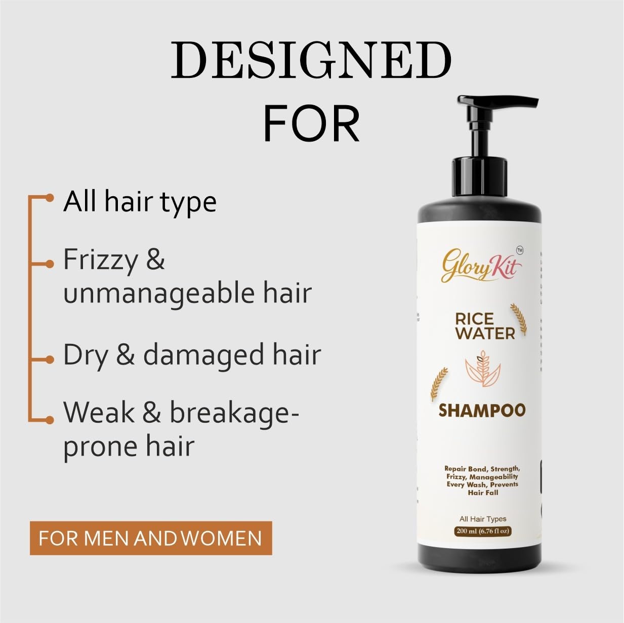 Glory Kit Daily Care Rice Water Shampoo, Supports Softness & Shine, Suitable for All Hair Types, 200 ml