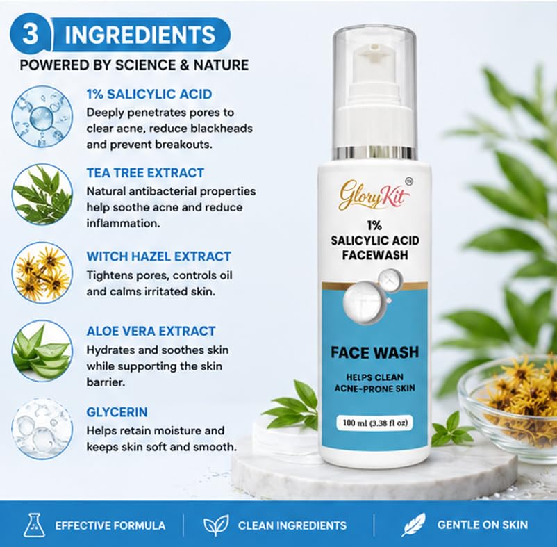 GloryKit 1% Salicylic Acid Face Wash with Brush and Built In Brush for Regular Skin Care Use, 150 ml