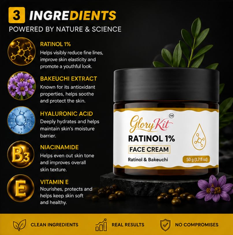Glory Kit Retinol Face Cream with Bakuchiol Inspired Formula for Daily Skin Care Routine, Lightweight Moisturising Facial Cream with Smooth Finish, 50 g