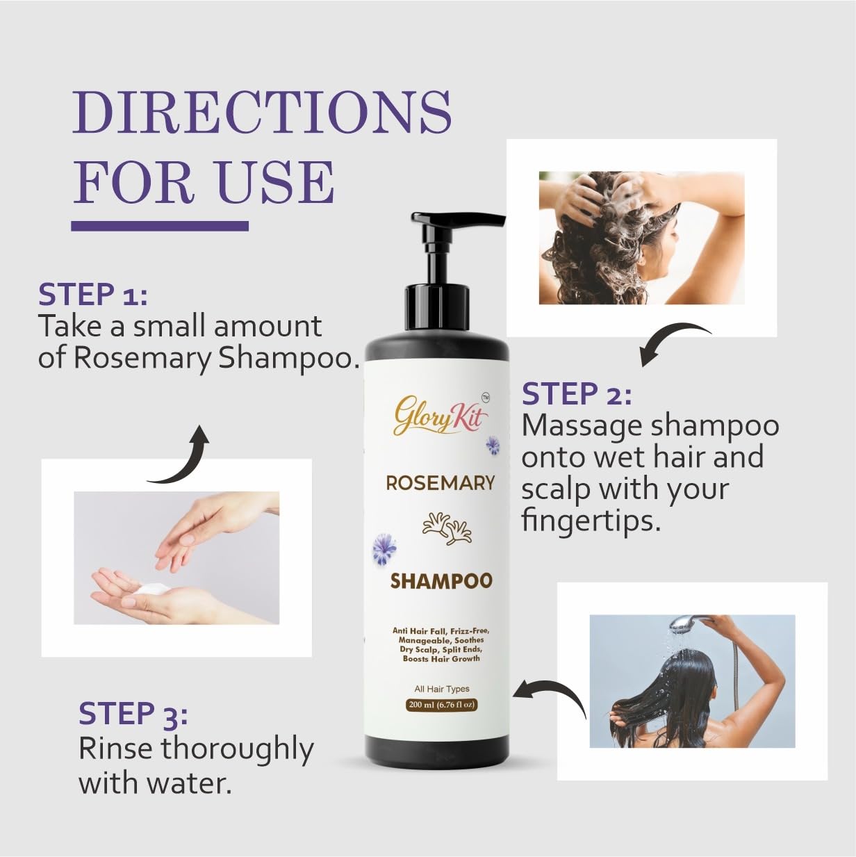 Glory Kit Rosemary Shampoo  for Hair Strength & Smooth Finish, Helps Manage Frizz, Suitable for All Hair Types, 200 ml