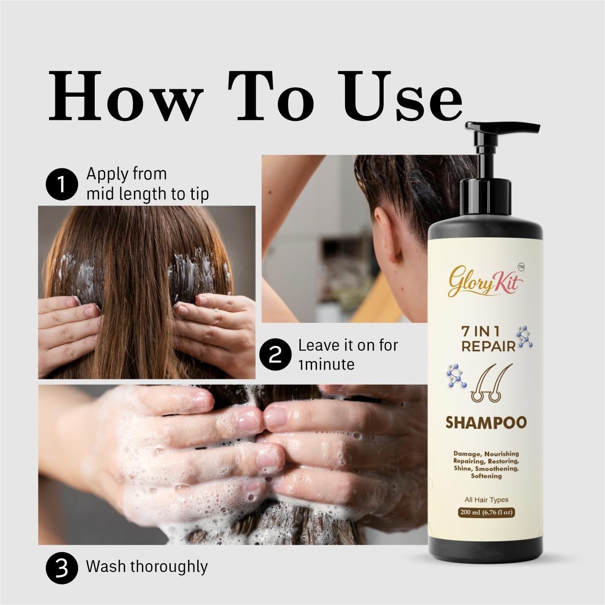 Glory Kit 7 in 1 Hair Repair Shampoo  | Gentle Nourishing & Care Formula | Suitable for All Hair Types | 200 ml