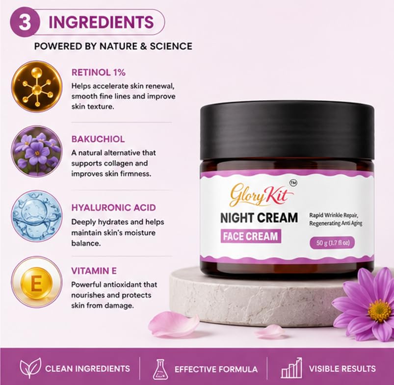 Glory Kit Night Face Cream with Lightweight Moisturising Formula for Evening Skin Care Routine, Smooth and Non Greasy Facial Cream for Daily Use, 50 g