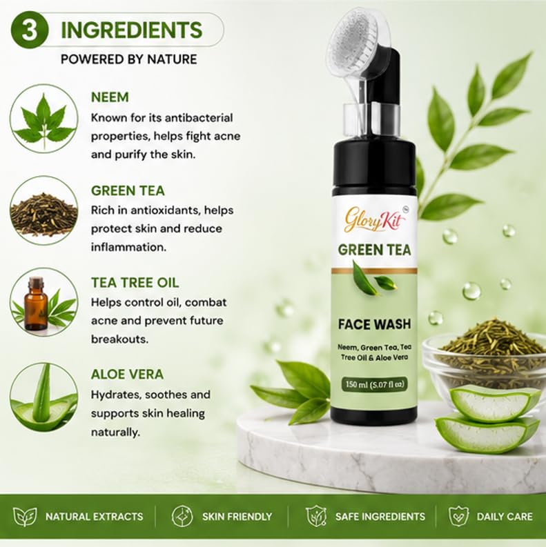 Glory Kit Green Tea Face Wash with Built In Applicator, Tea Tree Oil and Aloe Vera for Daily Facial Cleansing Routine, 150 ml