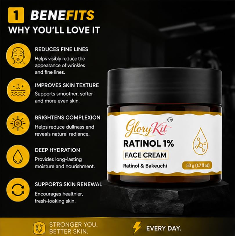 Glory Kit Retinol Face Cream with Bakuchiol Inspired Formula for Daily Skin Care Routine, Lightweight Moisturising Facial Cream with Smooth Finish, 50 g