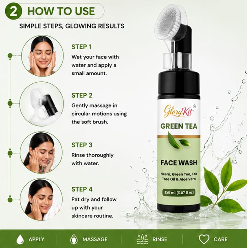 Glory Kit Green Tea Face Wash with Built In Applicator, Tea Tree Oil and Aloe Vera for Daily Facial Cleansing Routine, 150 ml