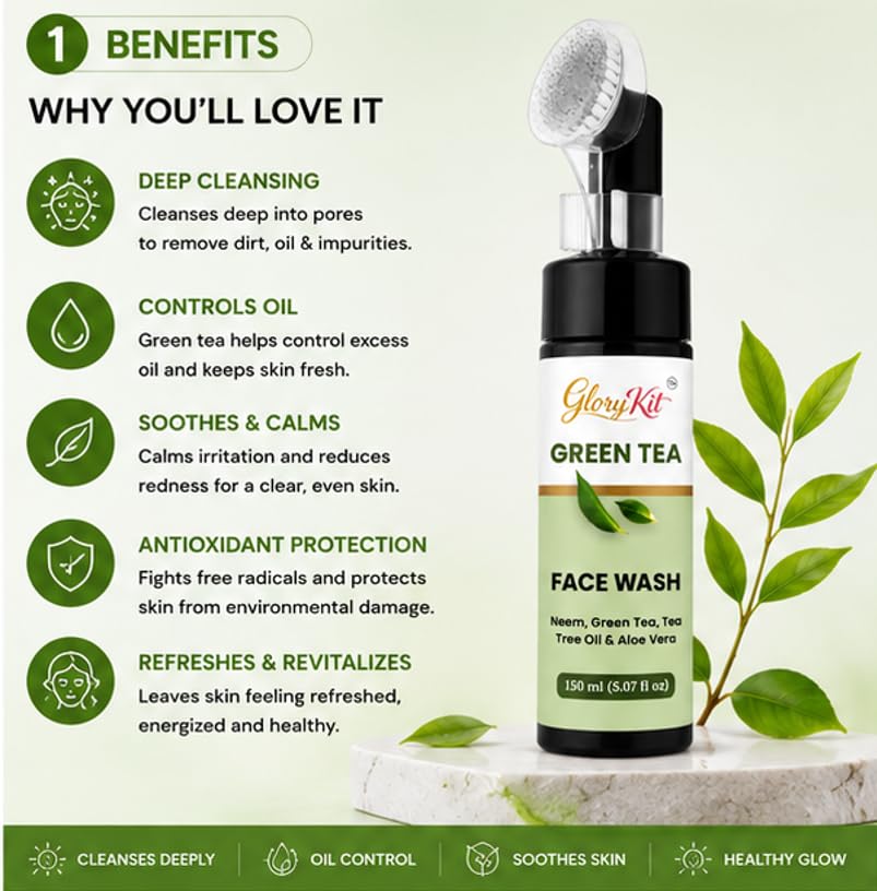 Glory Kit Green Tea Face Wash with Built In Applicator, Tea Tree Oil and Aloe Vera for Daily Facial Cleansing Routine, 150 ml