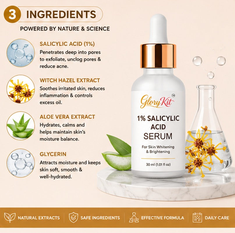 Glory Kit 1% Salicylic Acid Face Serum with Lightweight Hydrating Formula for Oily and Uneven Looking Skin, Daily Use Facial Serum for Smooth and Fresh Looking Appearance, 30 ml