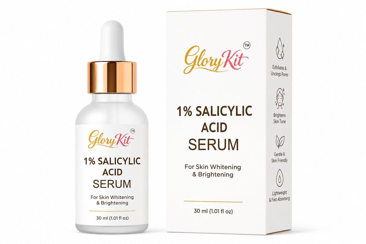 Glory Kit 1% Salicylic Acid Face Serum with Lightweight Hydrating Formula for Oily and Uneven Looking Skin, Daily Use Facial Serum for Smooth and Fresh Looking Appearance, 30 ml