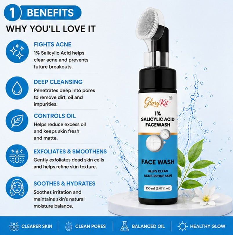 Glory Kit Salicylic Acid Daily Face Wash with Lightweight Cleansing Formula for Fresh and Balanced Looking Skin, 100 ml